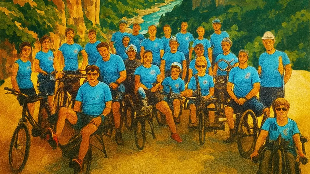 Affiche du documentaire : l'équipe du défi tandem réunie dans les gorges du Verdon, en t-shirts Héméra, avec vélos, tandems et fauteuils